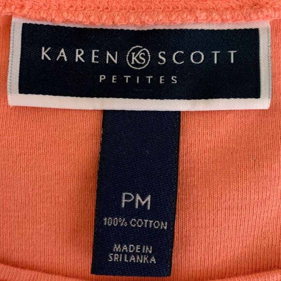 Karen Scott Peony Coral Short Sleeve Top Tee Women’s Size PM - Picture 2 of 3